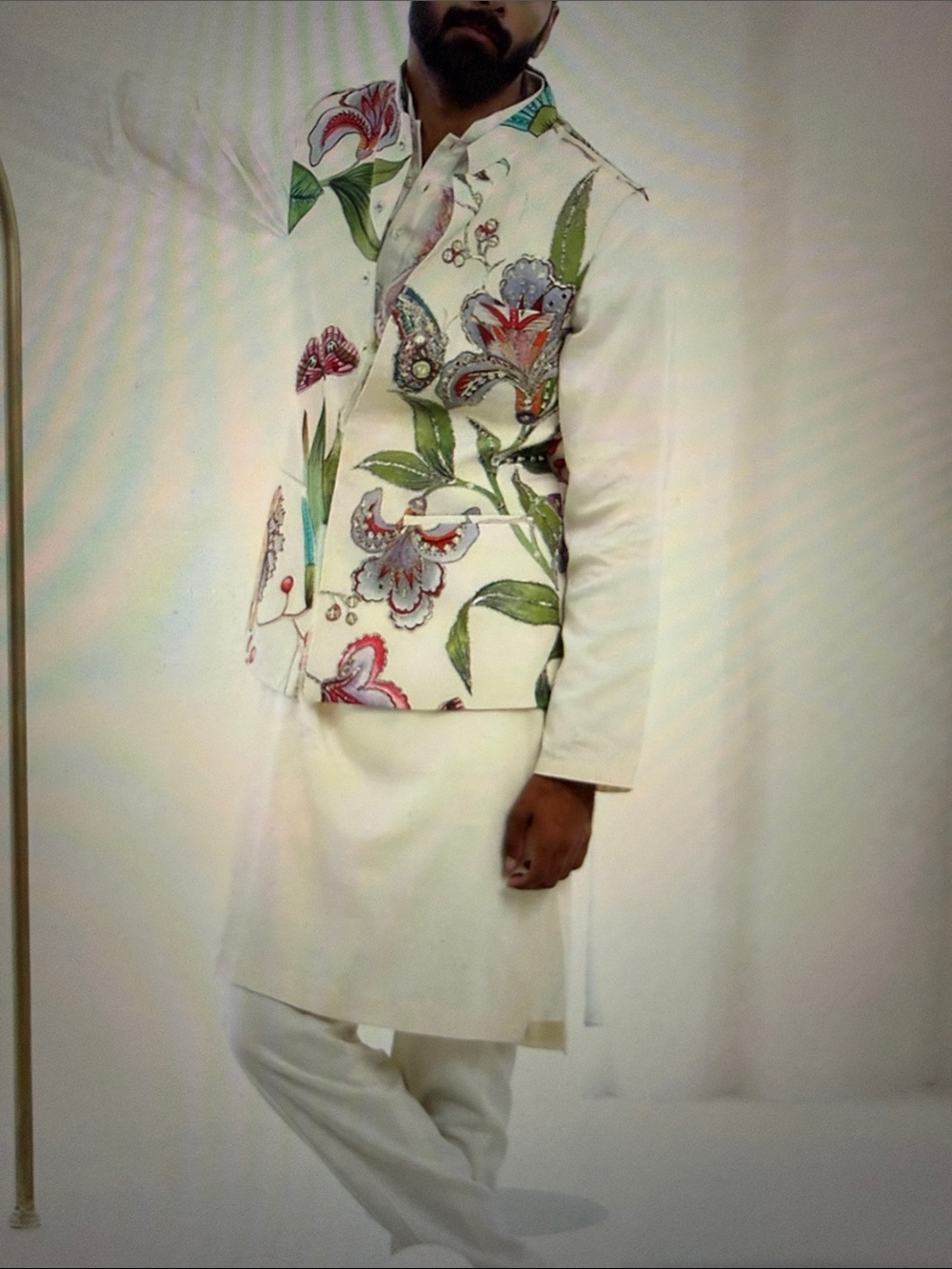 Cream Floral Embroidered Nehru Jacket Vest for Men